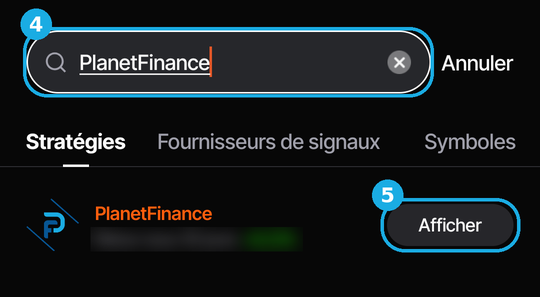 Vantage search, in French: 4, PlanetFinance typed in the search field; 5, the button that opens the strategy.