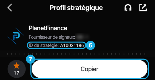 PlanetFinance strategy profile in Vantage, in French: 6, the strategy ID A10021186; 7, the Copy button at the bottom of the screen.