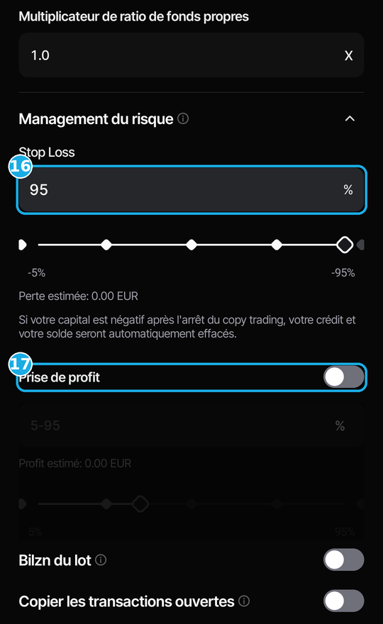 Risk management panel open in Vantage, in French: 16, stop loss set to 95%; 17, take profit off. The two options below are also off.